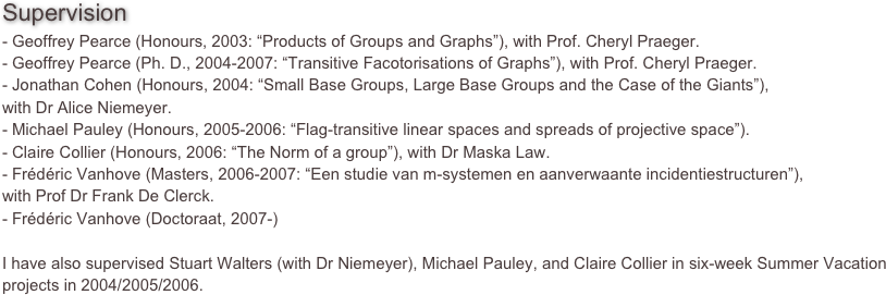 Supervision
- Geoffrey Pearce (Honours, 2003: “Products of Groups and Graphs”), with Prof. Cheryl Praeger.- Geoffrey Pearce (Ph. D., 2004-2007: “Transitive Facotorisations of Graphs”), with Prof. Cheryl Praeger.- Jonathan Cohen (Honours, 2004: “Small Base Groups, Large Base Groups and the Case of the Giants”), 
with Dr Alice Niemeyer.- Michael Pauley (Honours, 2005-2006: “Flag-transitive linear spaces and spreads of projective space”).- Claire Collier (Honours, 2006: “The Norm of a group”), with Dr Maska Law.
- Frédéric Vanhove (Masters, 2006-2007: “Een studie van m-systemen en aanverwaante incidentiestructuren”), 
with Prof Dr Frank De Clerck.
- Frédéric Vanhove (Doctoraat, 2007-)I have also supervised Stuart Walters (with Dr Niemeyer), Michael Pauley, and Claire Collier in six-week Summer Vacation projects in 2004/2005/2006. 
